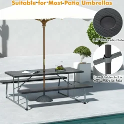 Tangkula 6 Ft Folding Picnic Table, Outdoor Picnic Table with 2 Built-in Benches, Umbrella Hole