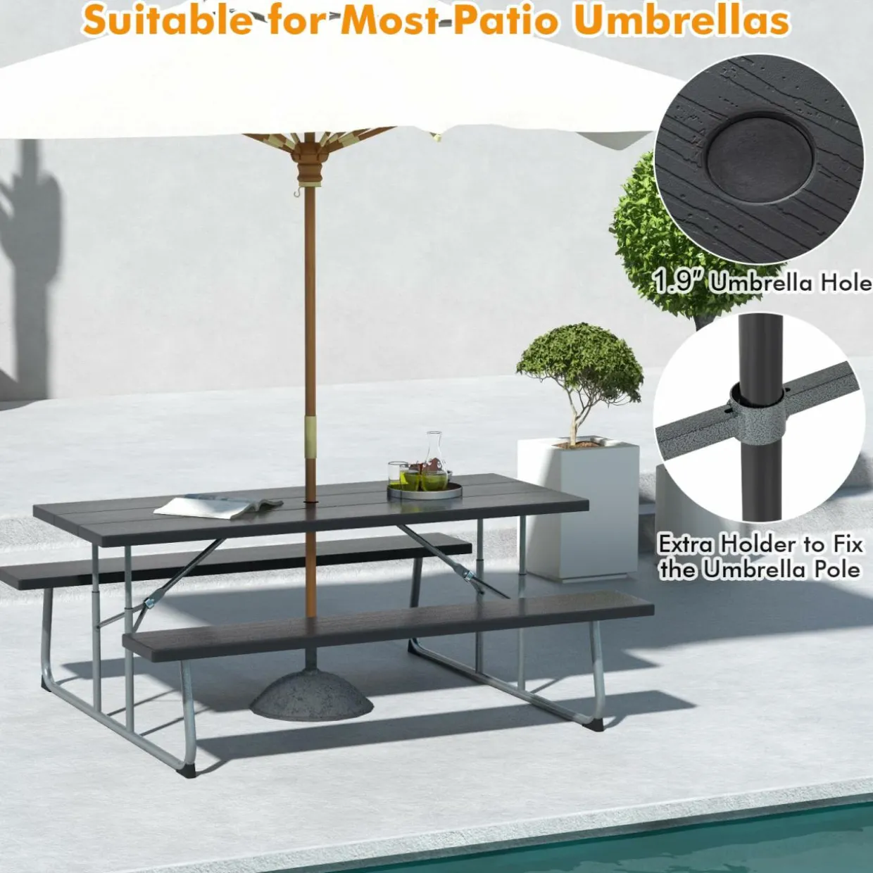 Tangkula 6 Ft Folding Picnic Table, Outdoor Picnic Table with 2 Built-in Benches, Umbrella Hole
