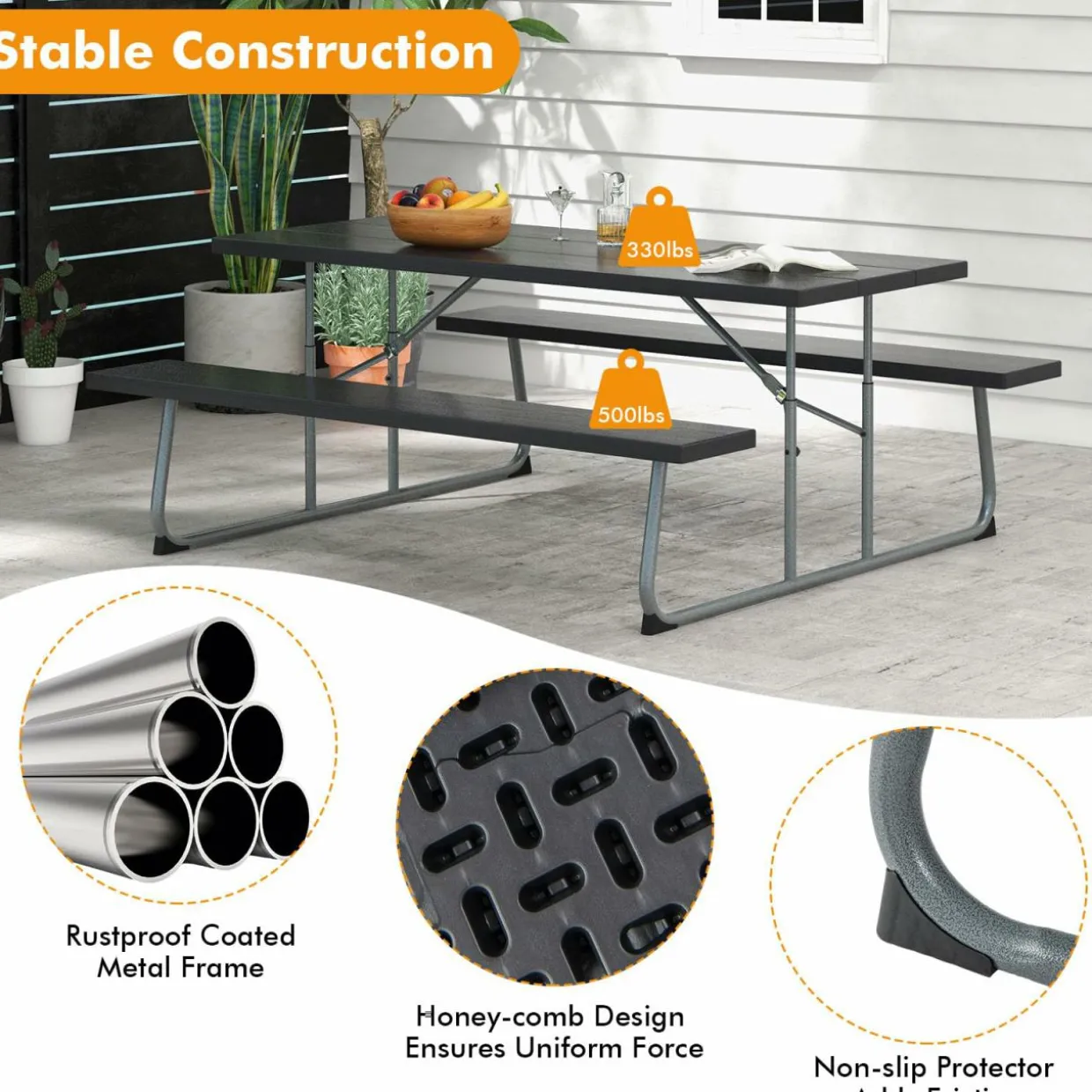 Tangkula 6 Ft Folding Picnic Table, Outdoor Picnic Table with 2 Built-in Benches, Umbrella Hole