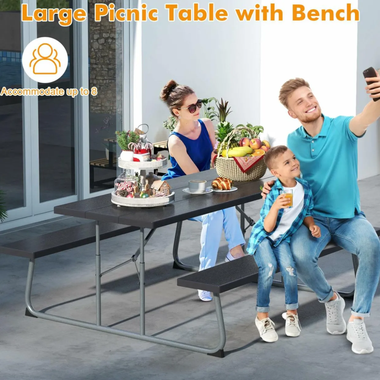 Tangkula 6 Ft Folding Picnic Table, Outdoor Picnic Table with 2 Built-in Benches, Umbrella Hole