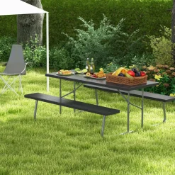 Tangkula 6 Ft Folding Picnic Table, Outdoor Picnic Table with 2 Built-in Benches, Umbrella Hole
