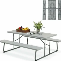 Tangkula 6 Ft Folding Picnic Table, Outdoor Picnic Table with 2 Built-in Benches, Umbrella Hole