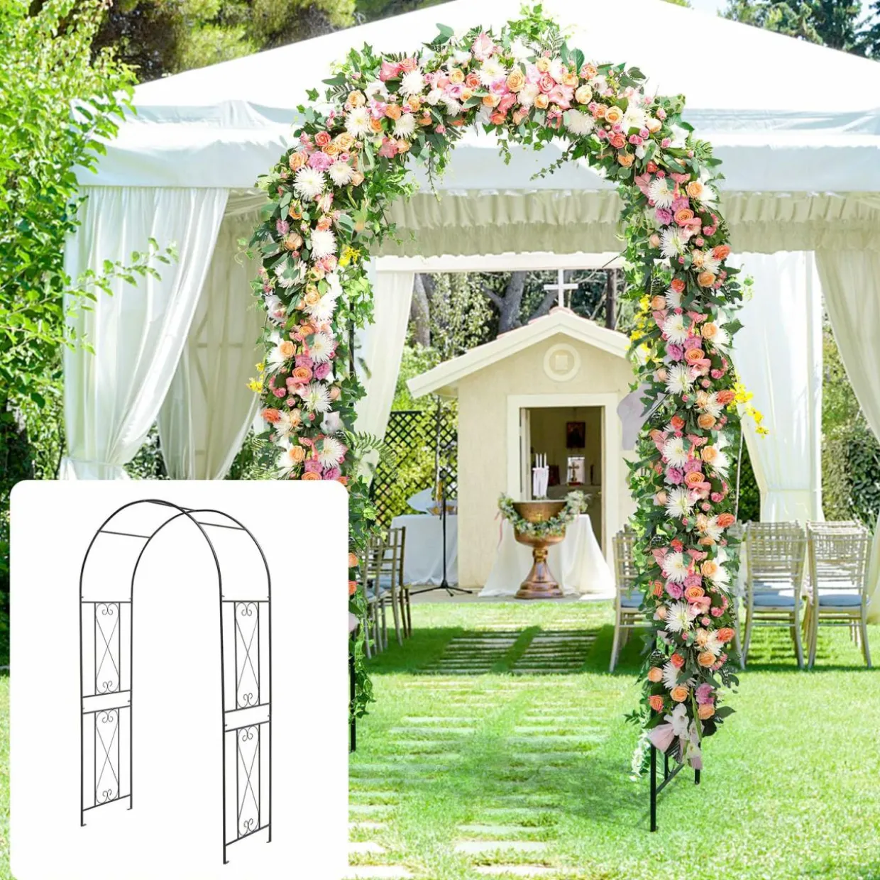 Tangkula 7.2 ft Garden Arbor, Metal Arch with Trellis for Climbing Plants, Roses, Vines,