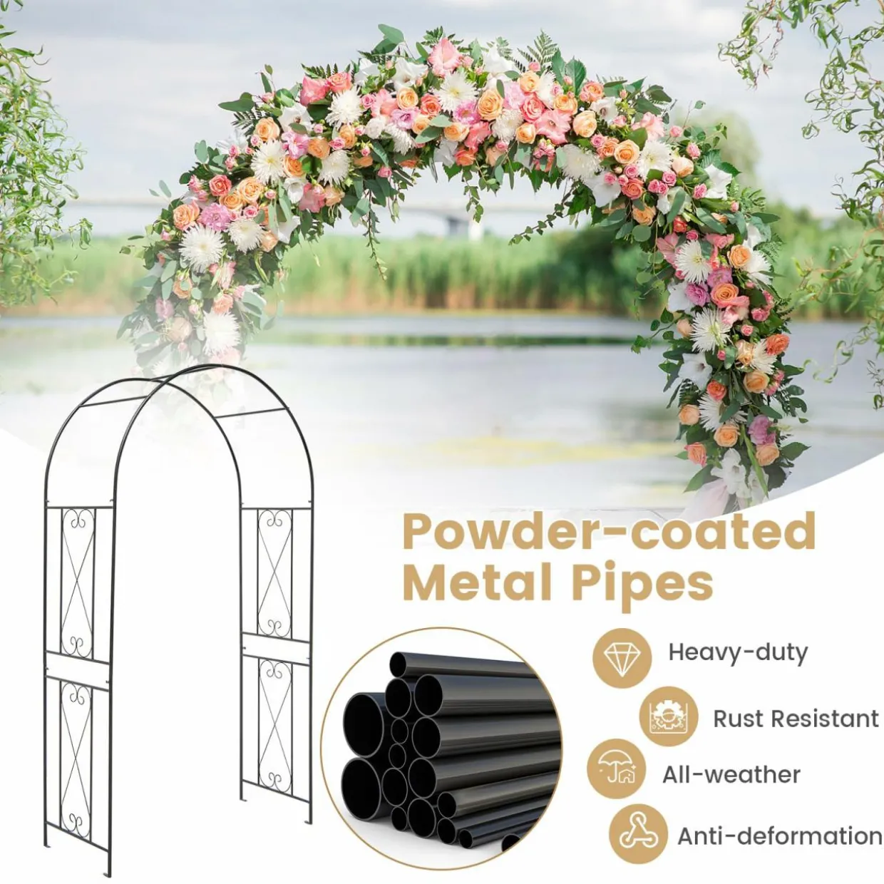 Tangkula 7.2 ft Garden Arbor, Metal Arch with Trellis for Climbing Plants, Roses, Vines,