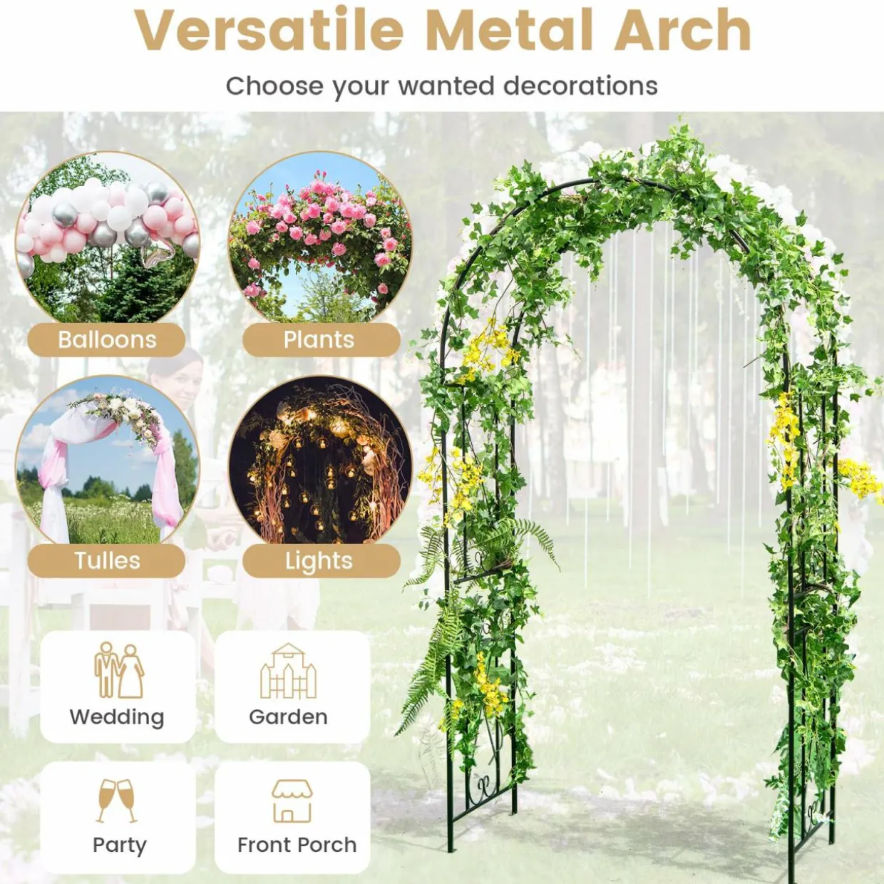 Tangkula 7.2 ft Garden Arbor, Metal Arch with Trellis for Climbing Plants, Roses, Vines,