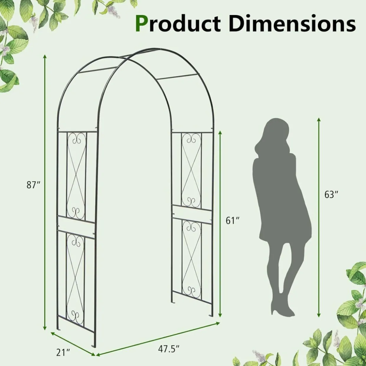 Tangkula 7.2 ft Garden Arbor, Metal Arch with Trellis for Climbing Plants, Roses, Vines,