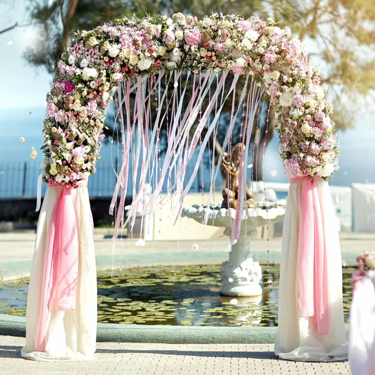 Tangkula 7.5 ft Garden Arbor, Metal Arch with Trellis for Climbing Plants, Wedding Bridal Party, Ceremony