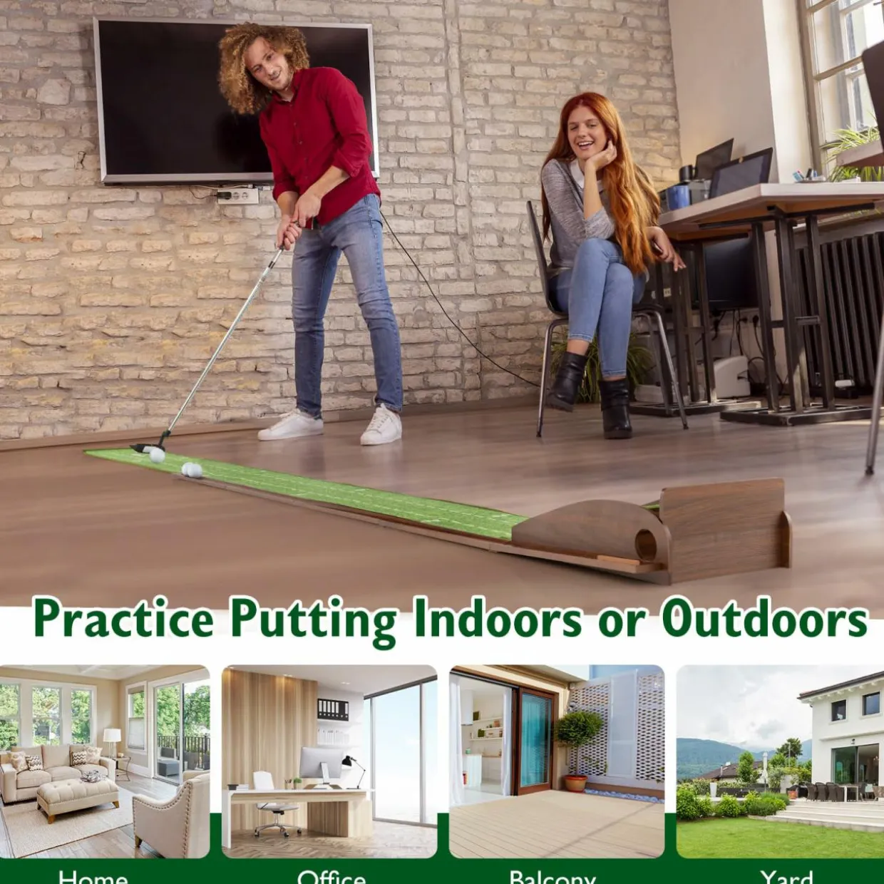 Tangkula 10 FT Golf Putting Green, 2/3-Hole Golf Putting Practice Mat with Auto Ball Return for Indoors & Outdoors