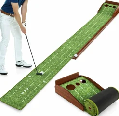 Tangkula 10 FT Golf Putting Green, 2/3-Hole Golf Putting Practice Mat with Auto Ball Return for Indoors & Outdoors