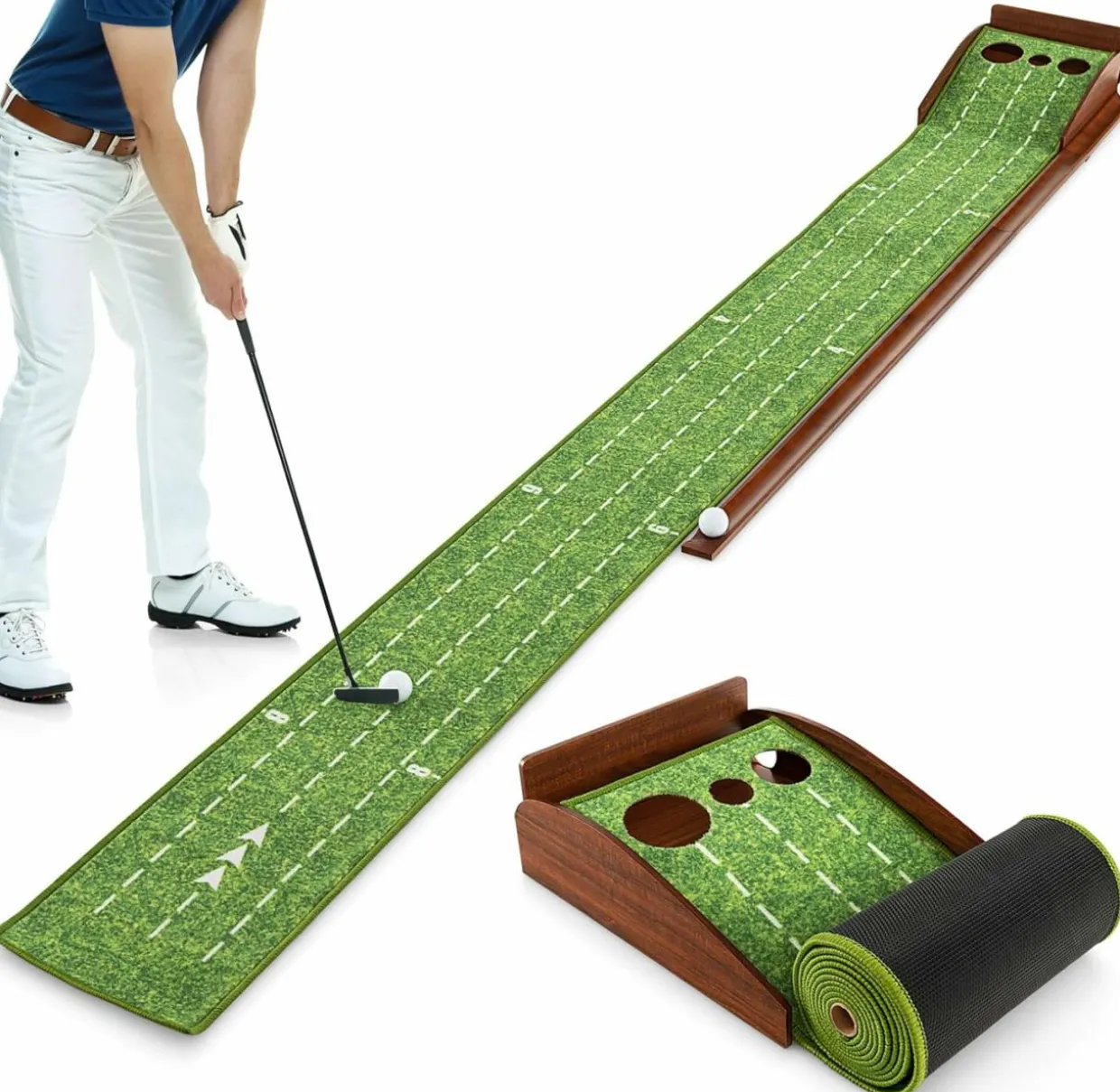 Tangkula 10 FT Golf Putting Green, 2/3-Hole Golf Putting Practice Mat with Auto Ball Return for Indoors & Outdoors
