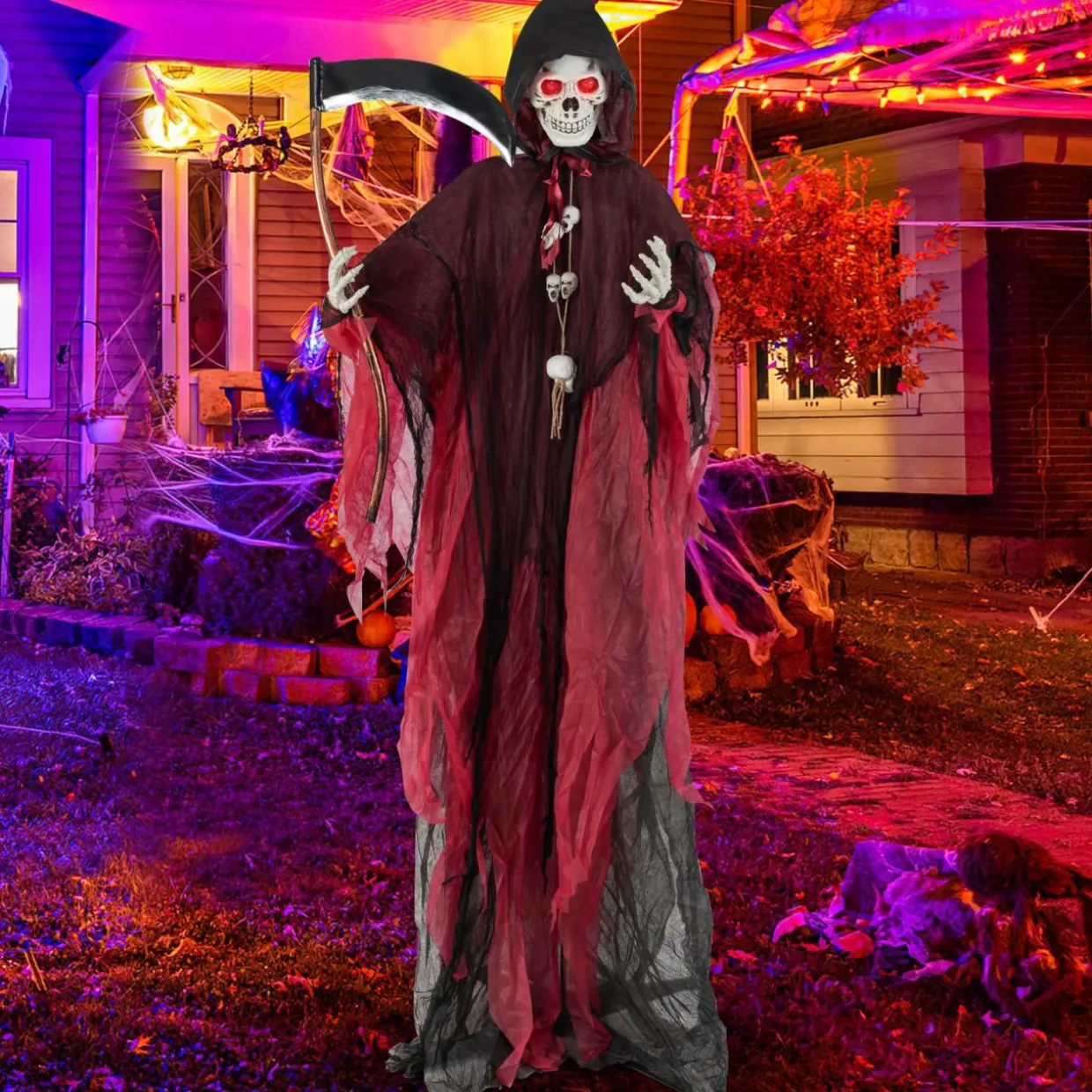 Tangkula 8 FT Halloween Animatronics Standing Grim Reaper, Voice Activated Reaper with Lighted Eyes & Creepy Sounds