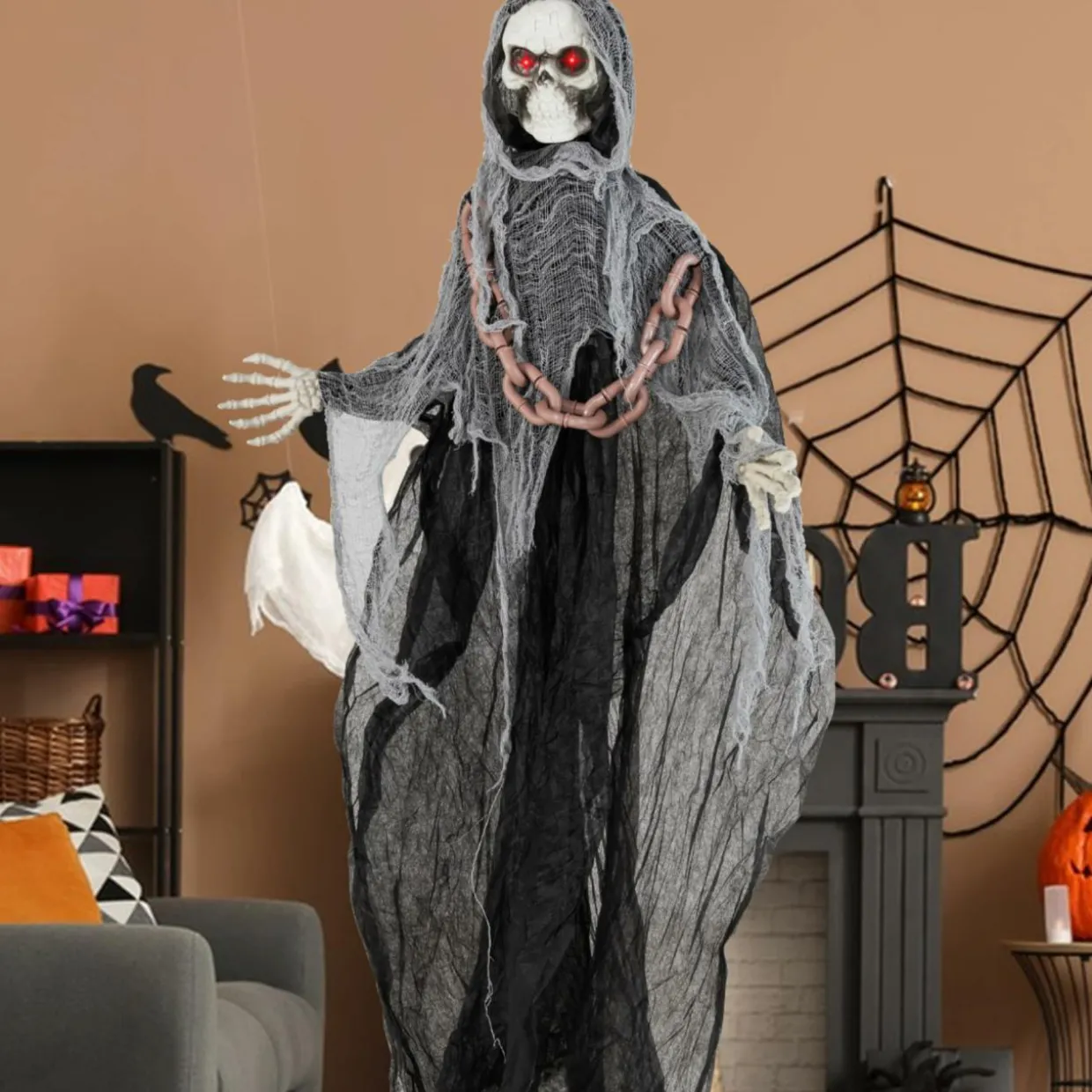 Tangkula 6.4 FT Halloween Animatronic Standing Grim Reaper with Chain