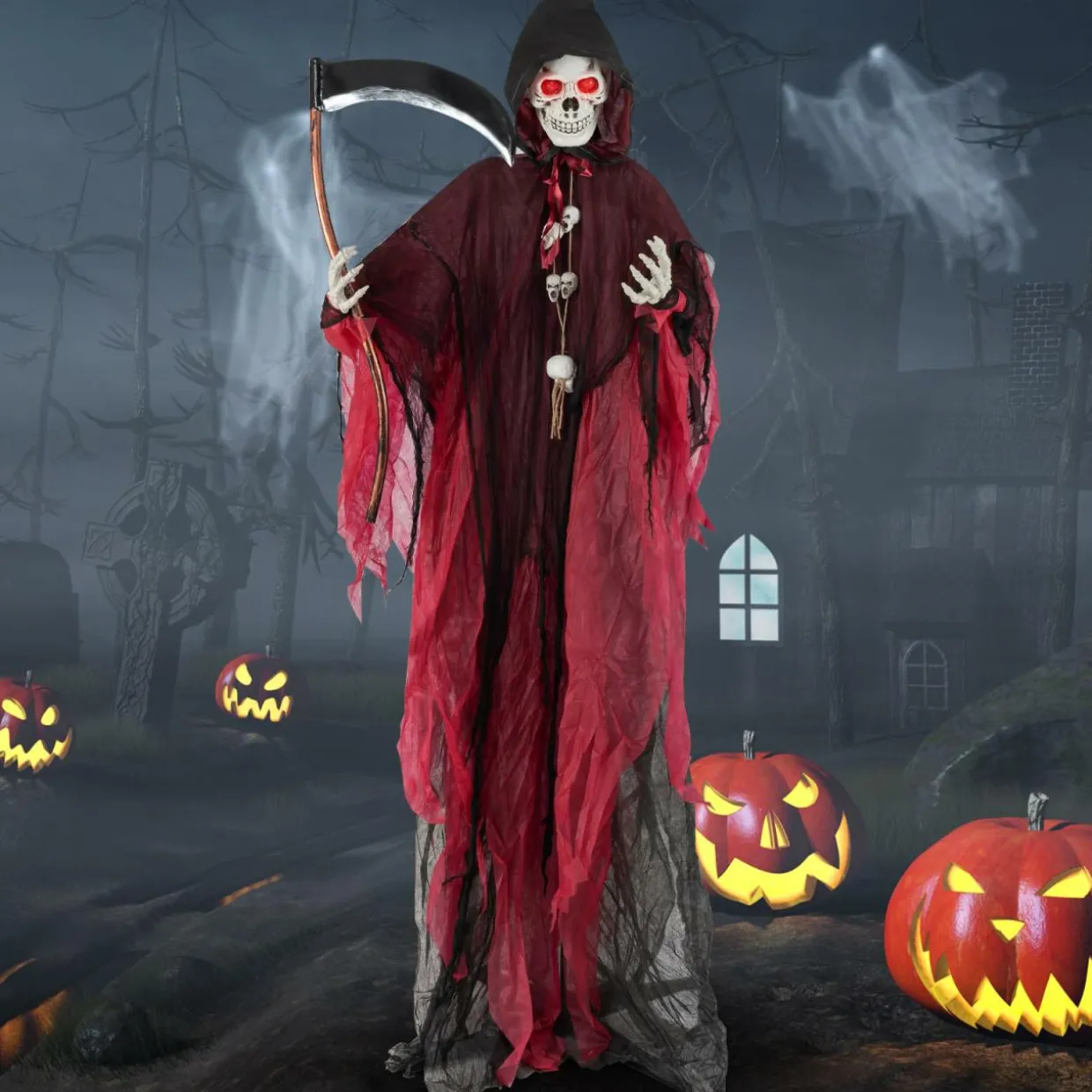 Tangkula 8 FT Halloween Animatronics Standing Grim Reaper, Voice Activated Reaper with Lighted Eyes & Creepy Sounds