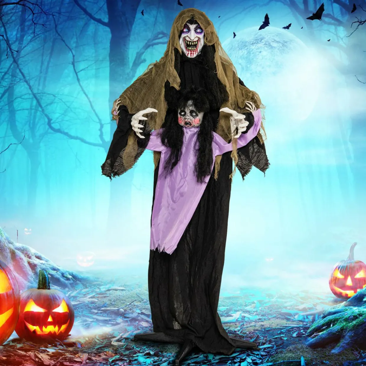 Tangkula 5.6 FT Halloween Animated Vampire with Creepy Doll, LED Eyes, Vocally Triggered Sound & Motion Effects