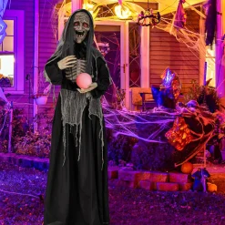Tangkula 6 FT Halloween Animatronics Standing Witch, Talking Animated Wicked Witch with Light Up Eyes & Magical Ball