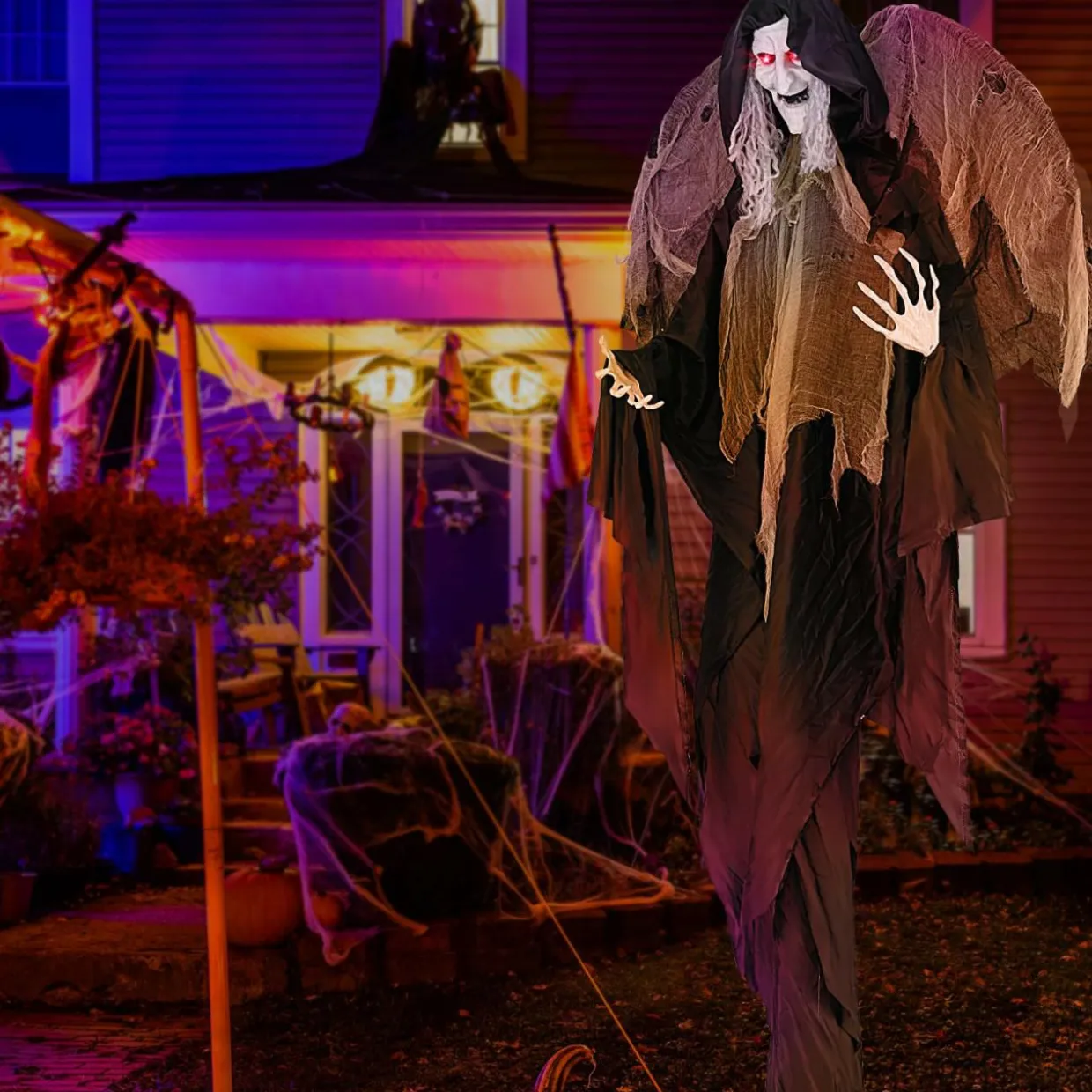 Tangkula 8.2 FT Halloween Animatronics Standing Witch with Wings, Voice Activated Ghost with Lighted Eyes