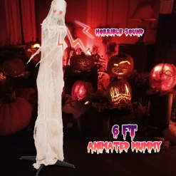 Tangkula 6 FT Halloween Animated Standing Mummy, Life Size Animatronic Mummy with LED Red Glowing Eyes