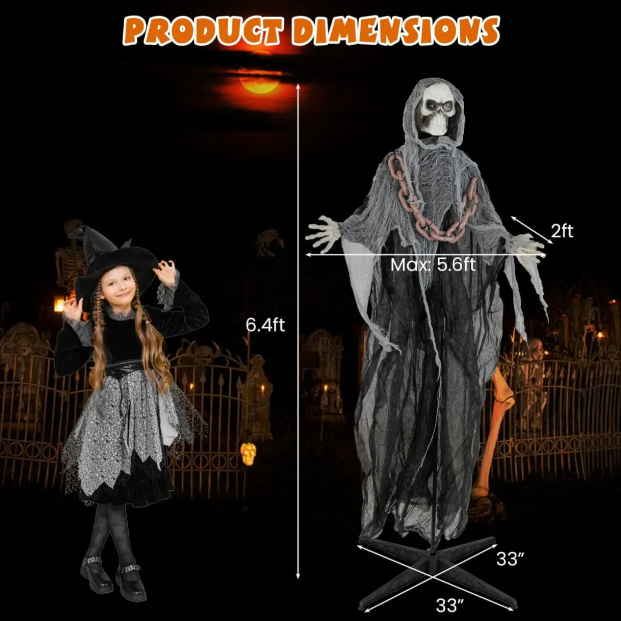 Tangkula 6.4 FT Halloween Animatronic Standing Grim Reaper with Chain