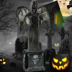 Tangkula 5.5 FT Halloween Animated Praying Angel Statue with Light Up Eyes & Shaking Wings