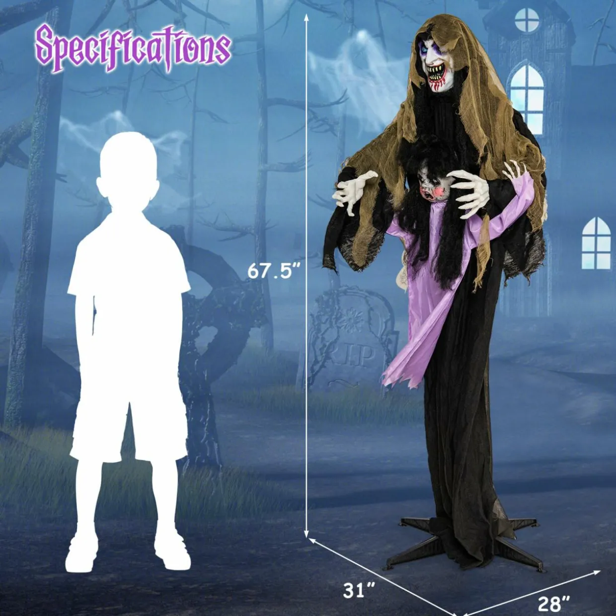 Tangkula 5.6 FT Halloween Animated Vampire with Creepy Doll, LED Eyes, Vocally Triggered Sound & Motion Effects
