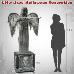 Tangkula 5.5 FT Halloween Animated Praying Angel Statue with Light Up Eyes & Shaking Wings