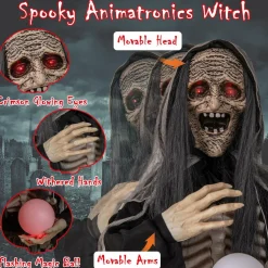 Tangkula 6 FT Halloween Animatronics Standing Witch, Talking Animated Wicked Witch with Light Up Eyes & Magical Ball