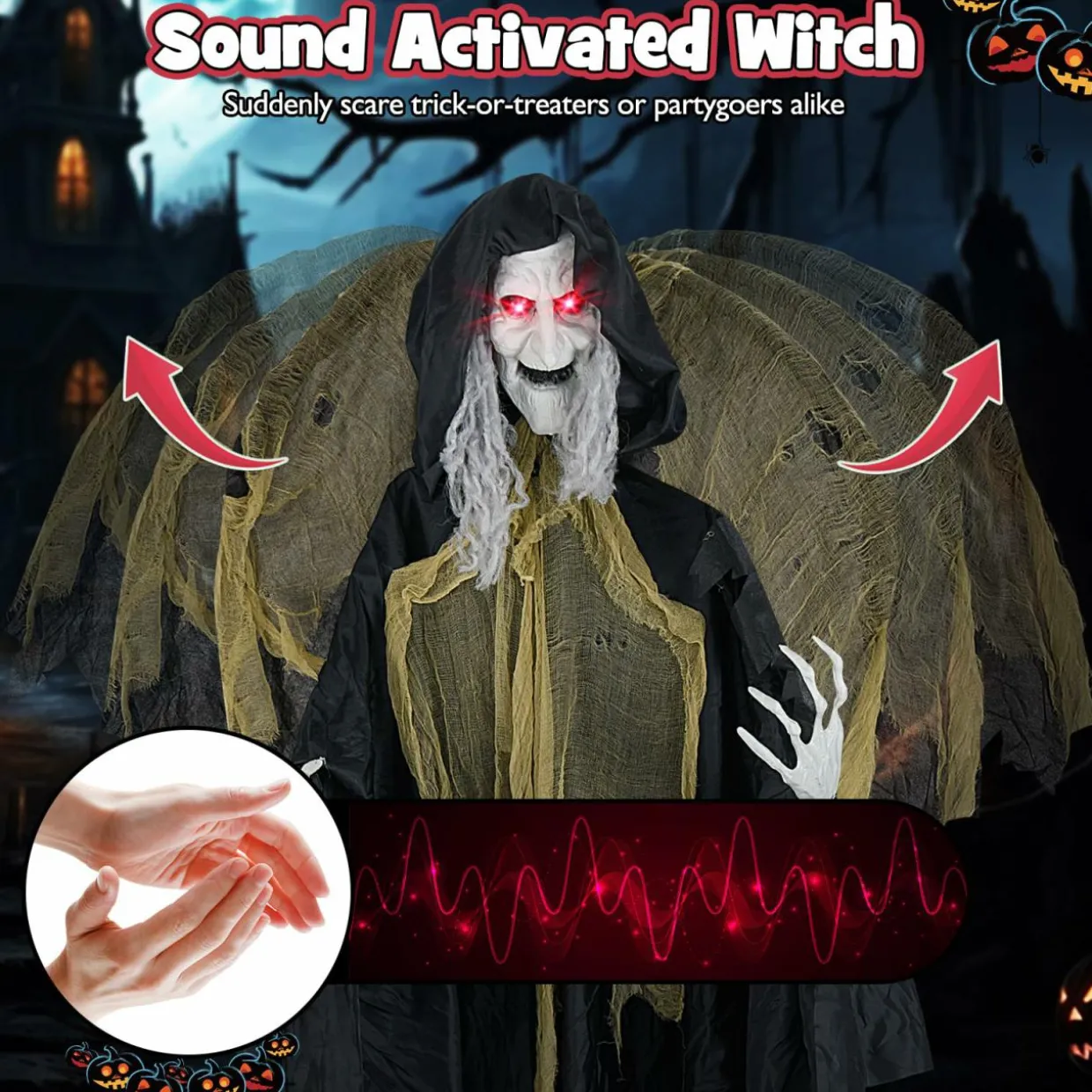 Tangkula 8.2 FT Halloween Animatronics Standing Witch with Wings, Voice Activated Ghost with Lighted Eyes