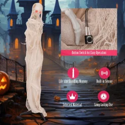 Tangkula 6 FT Halloween Animated Standing Mummy, Life Size Animatronic Mummy with LED Red Glowing Eyes