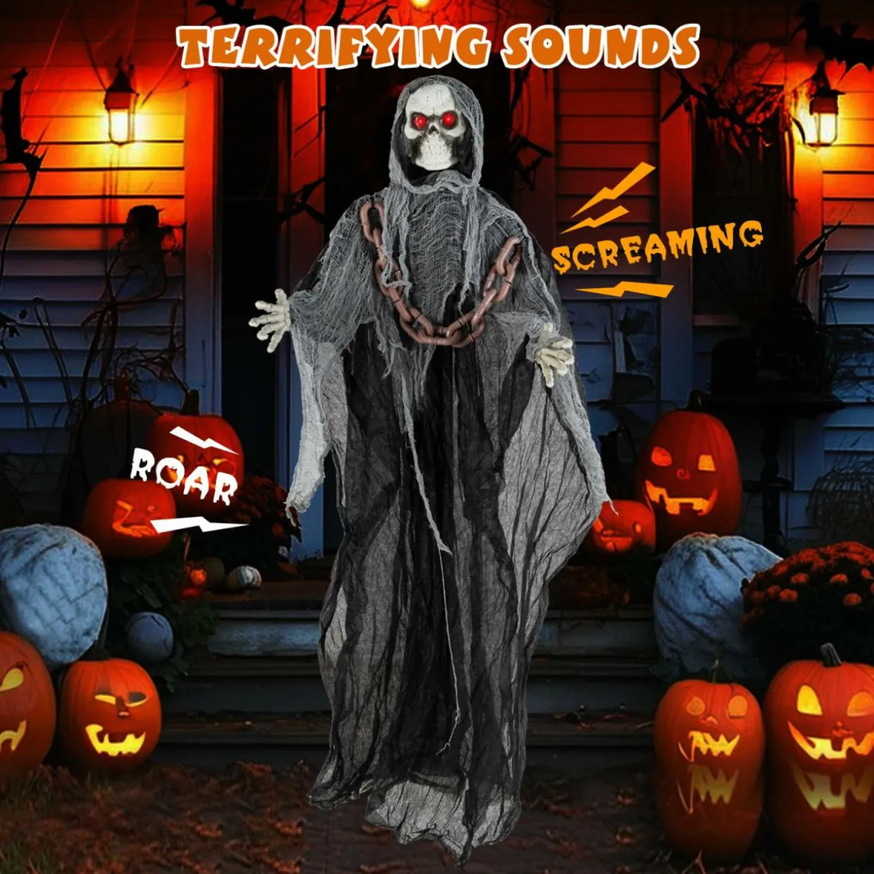 Tangkula 6.4 FT Halloween Animatronic Standing Grim Reaper with Chain