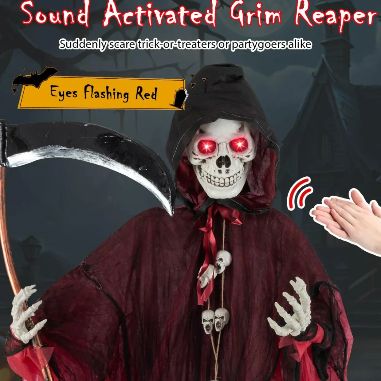 Tangkula 8 FT Halloween Animatronics Standing Grim Reaper, Voice Activated Reaper with Lighted Eyes & Creepy Sounds