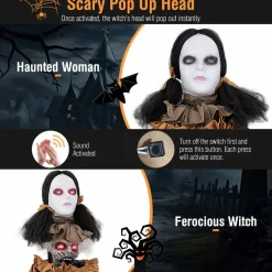 Tangkula 5.8 FT Halloween Animated Haunted Woman with Pop Up Head, Animatronic Scary Witch with Sound Activated Design & Control Button