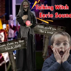 Tangkula 6 FT Halloween Animatronics Standing Witch, Talking Animated Wicked Witch with Light Up Eyes & Magical Ball