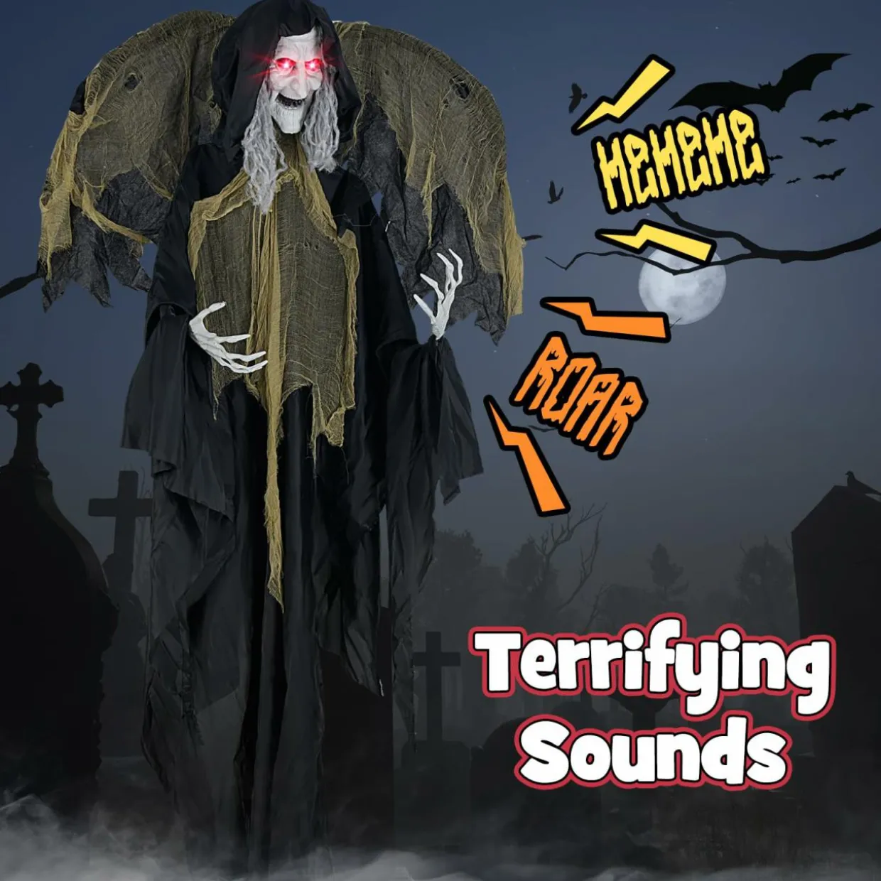 Tangkula 8.2 FT Halloween Animatronics Standing Witch with Wings, Voice Activated Ghost with Lighted Eyes