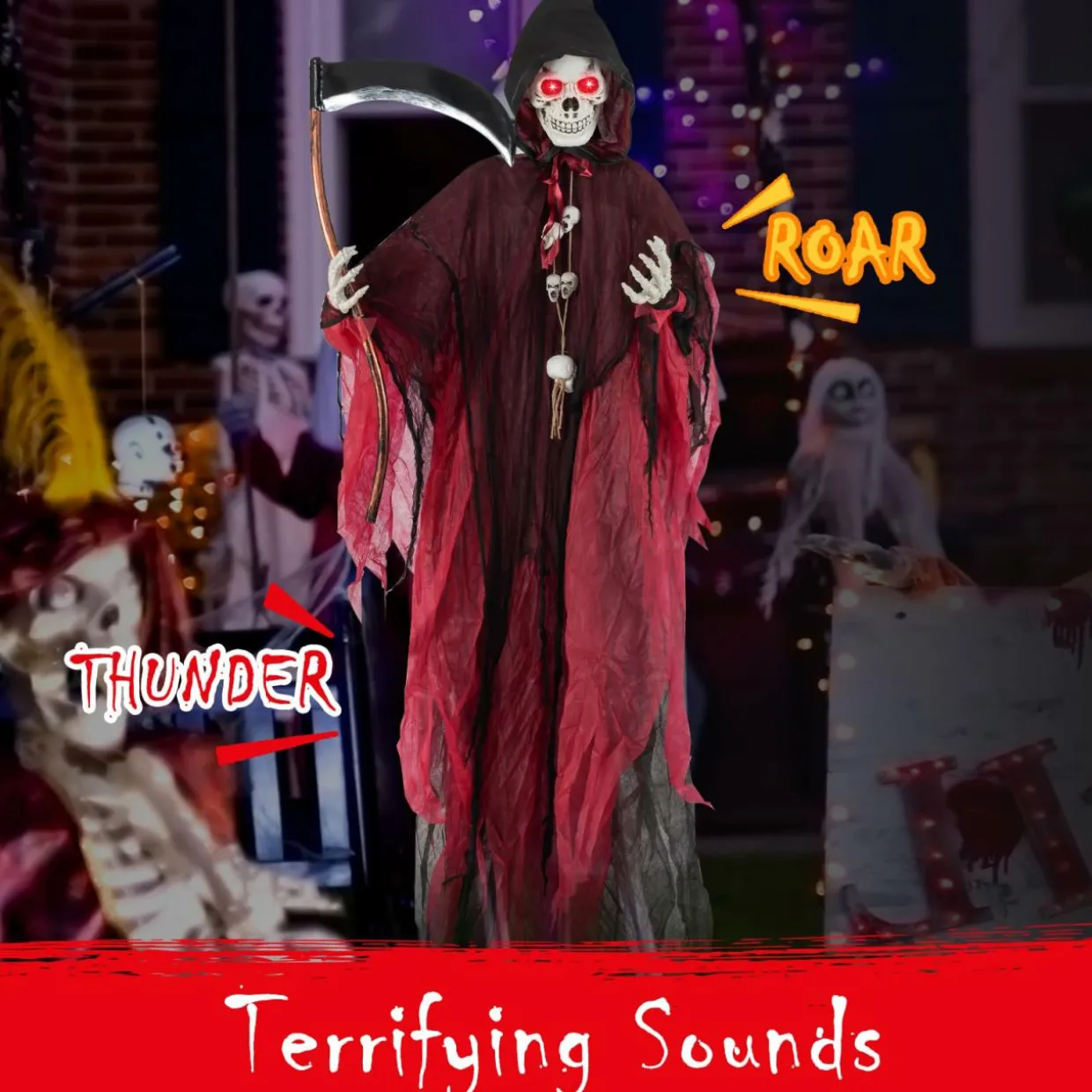 Tangkula 8 FT Halloween Animatronics Standing Grim Reaper, Voice Activated Reaper with Lighted Eyes & Creepy Sounds