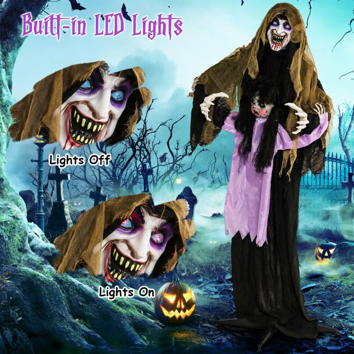 Tangkula 5.6 FT Halloween Animated Vampire with Creepy Doll, LED Eyes, Vocally Triggered Sound & Motion Effects