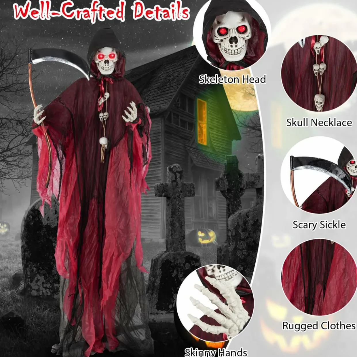 Tangkula 8 FT Halloween Animatronics Standing Grim Reaper, Voice Activated Reaper with Lighted Eyes & Creepy Sounds