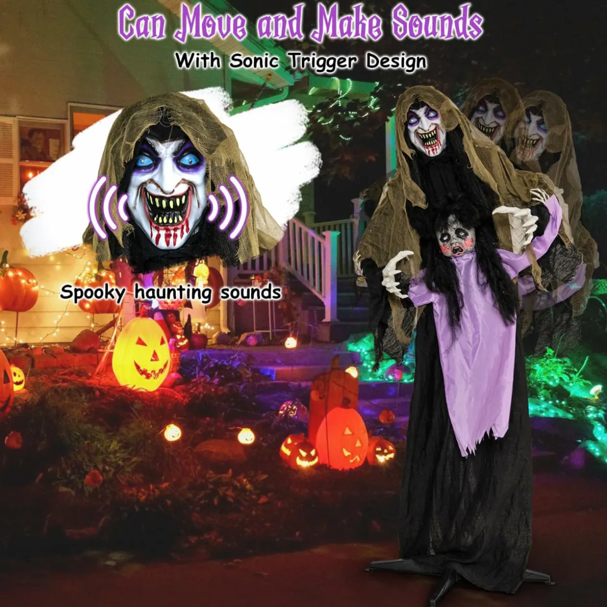 Tangkula 5.6 FT Halloween Animated Vampire with Creepy Doll, LED Eyes, Vocally Triggered Sound & Motion Effects