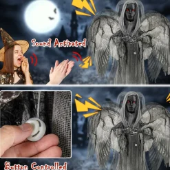 Tangkula 5.5 FT Halloween Animated Praying Angel Statue with Light Up Eyes & Shaking Wings