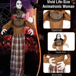 Tangkula 5.8 FT Halloween Animated Haunted Woman with Pop Up Head, Animatronic Scary Witch with Sound Activated Design & Control Button