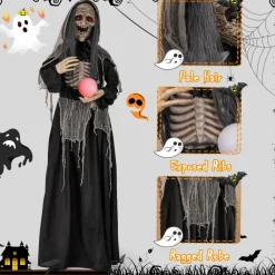 Tangkula 6 FT Halloween Animatronics Standing Witch, Talking Animated Wicked Witch with Light Up Eyes & Magical Ball