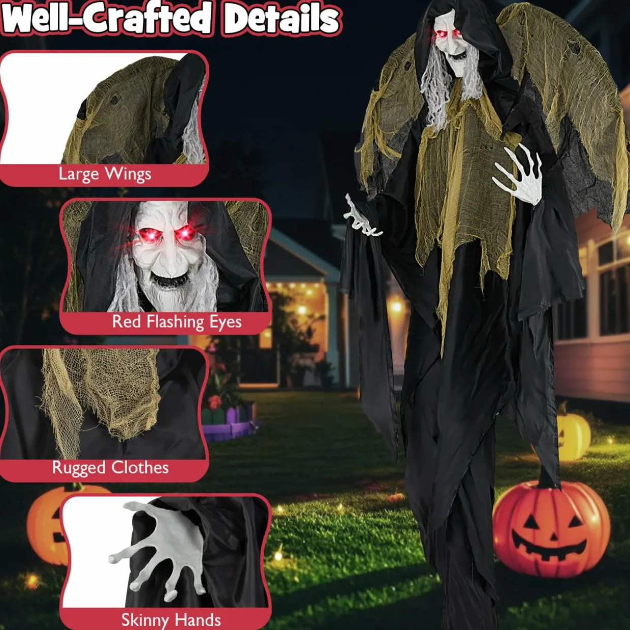 Tangkula 8.2 FT Halloween Animatronics Standing Witch with Wings, Voice Activated Ghost with Lighted Eyes