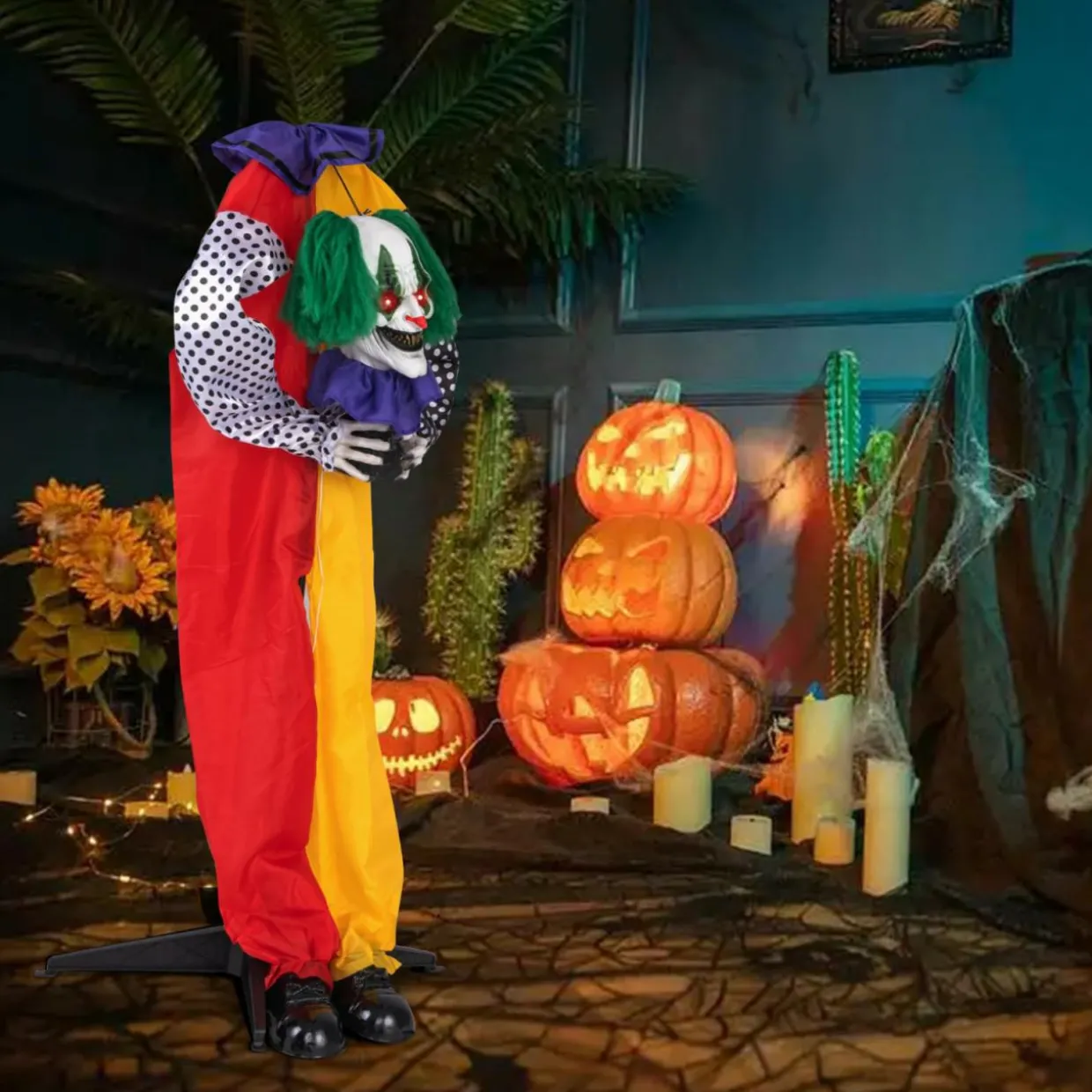 Tangkula 4.5 FT Halloween Grins Animatronic Clown with Pre-Recorded Phrases, LED Glowing Red Eyes