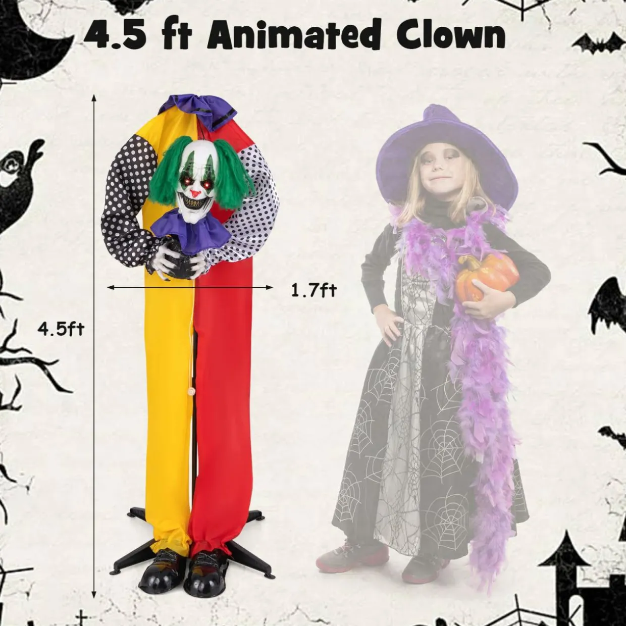 Tangkula 4.5 FT Halloween Grins Animatronic Clown with Pre-Recorded Phrases, LED Glowing Red Eyes