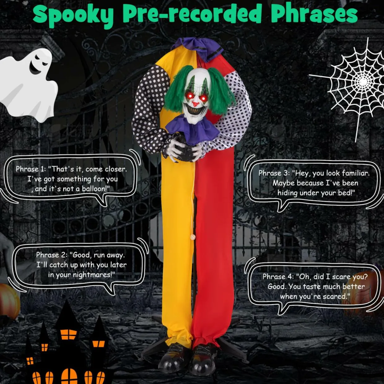 Tangkula 4.5 FT Halloween Grins Animatronic Clown with Pre-Recorded Phrases, LED Glowing Red Eyes