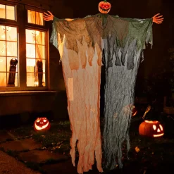 Tangkula 8.2 FT Halloween Hanging Pumpkin Ghost, Light-up Scary Prop for Haunted House with Red Glowing Eyes & Bendable Arms