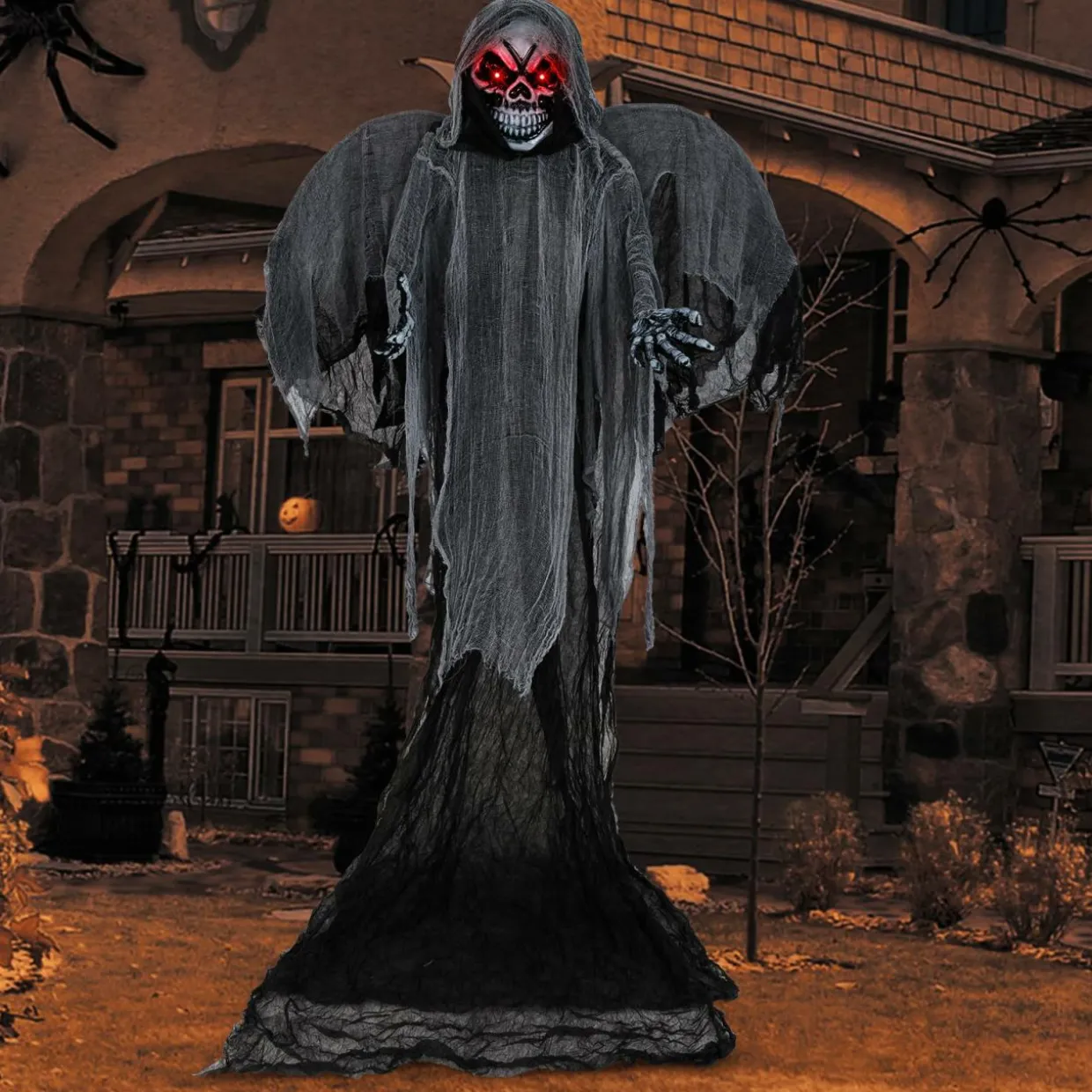 Tangkula 12.1 ft Halloween Hanging Reaper w/Wings, Voice Activated Animatronic Ghost w/Lighted Eyes & Terrifying Sounds