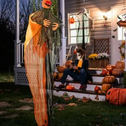 Tangkula 8.2 FT Halloween Hanging Pumpkin Ghost, Light-up Scary Prop for Haunted House with Red Glowing Eyes & Bendable Arms