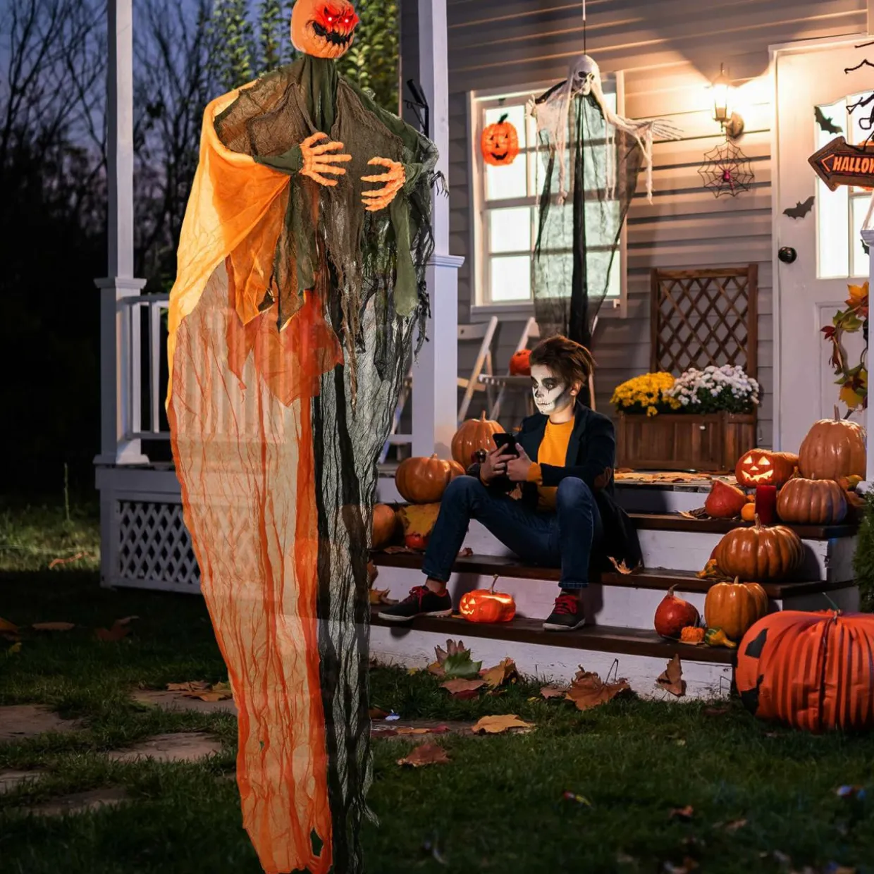 Tangkula 8.2 FT Halloween Hanging Pumpkin Ghost, Light-up Scary Prop for Haunted House with Red Glowing Eyes & Bendable Arms