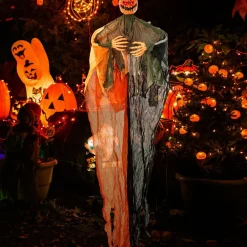 Tangkula 8.2 FT Halloween Hanging Pumpkin Ghost, Light-up Scary Prop for Haunted House with Red Glowing Eyes & Bendable Arms