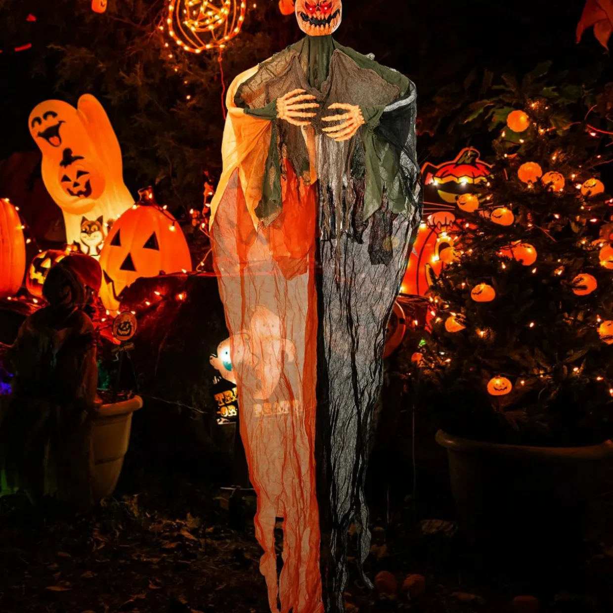Tangkula 8.2 FT Halloween Hanging Pumpkin Ghost, Light-up Scary Prop for Haunted House with Red Glowing Eyes & Bendable Arms